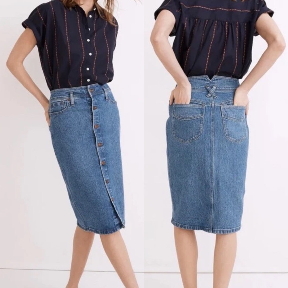 Madewell Western Edition Denim Button Down Midi Pencil Skirt Holton Wash Size 25